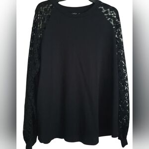 Cruel Denim Black Ribbed Top With Lace Sleeve Sz XXL